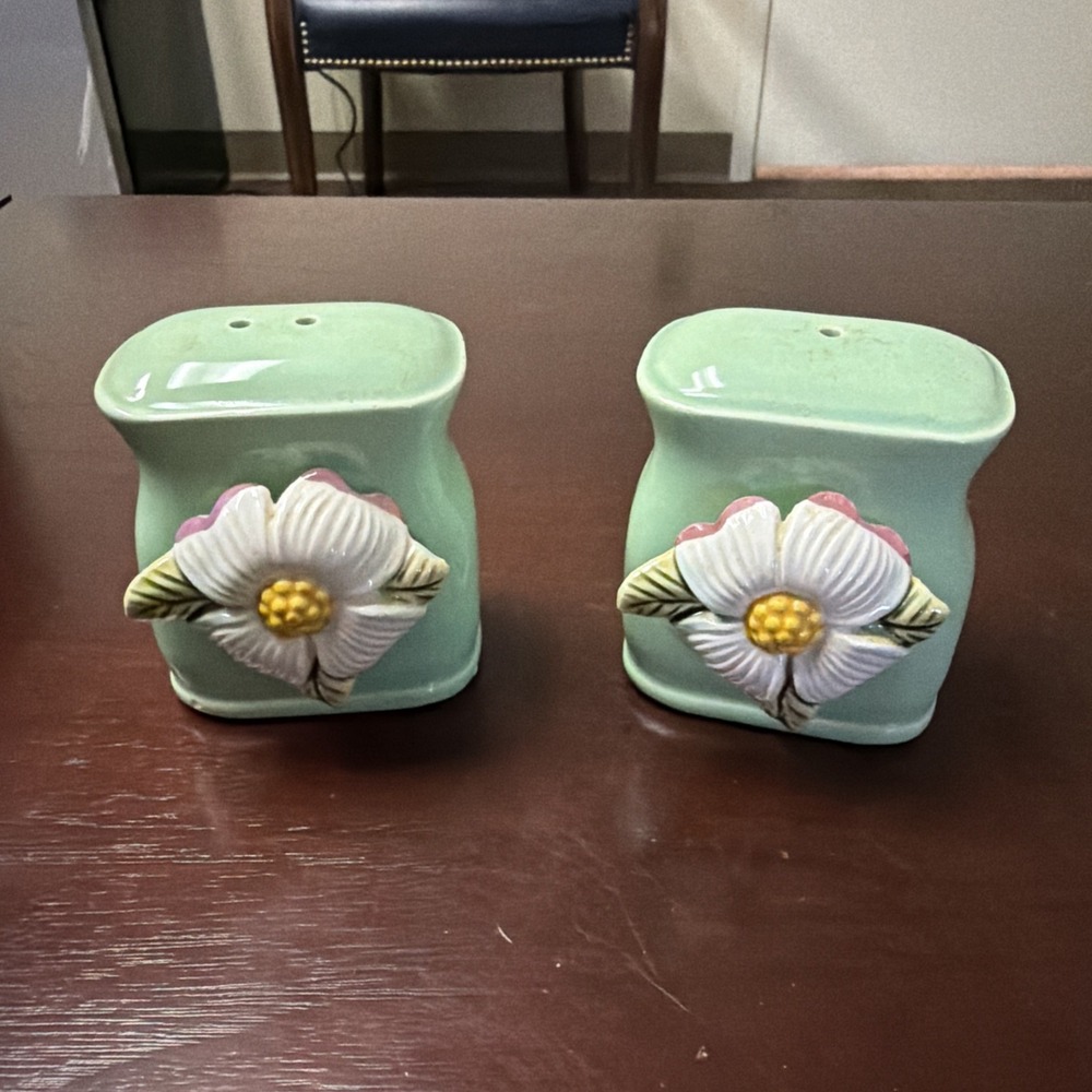 Salt and Pepper Set. Very Old Vintage. Green With Flowers.